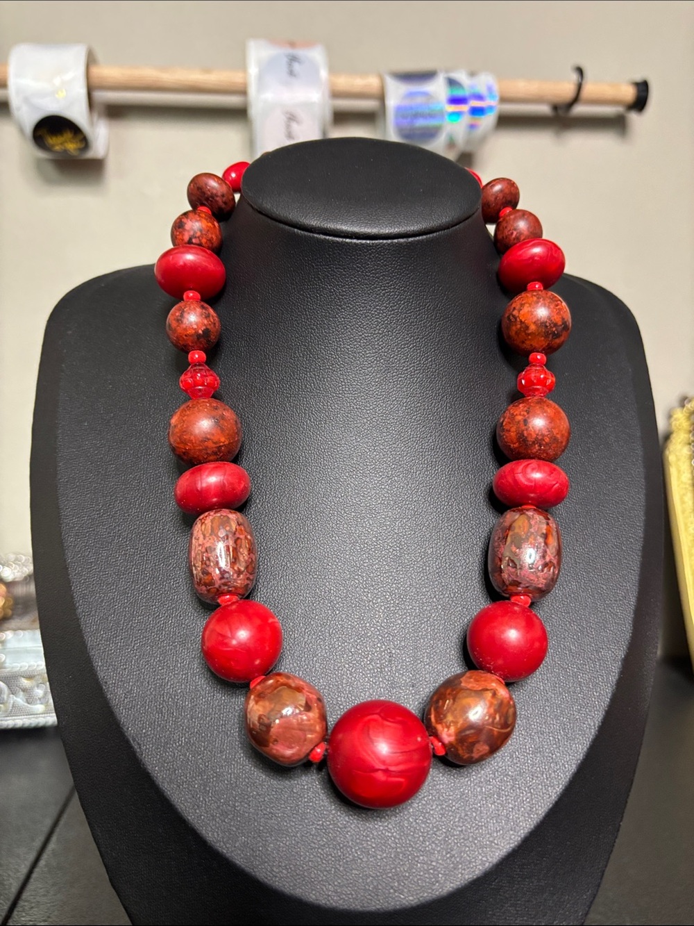 Teresa Goodall Vintage Red Glass Resin Beaded Statement Necklace Bold Jewelry